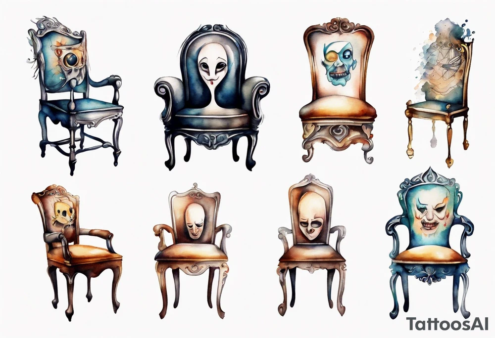 a chair with a face emerging from the back tattoo idea