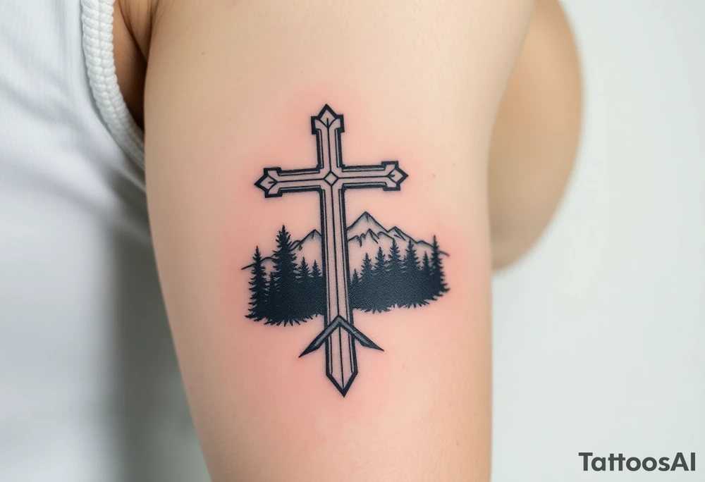 russian orthodox cross with the diagonal line at the bottom with a light forrest with a light mountainous setting tattoo idea