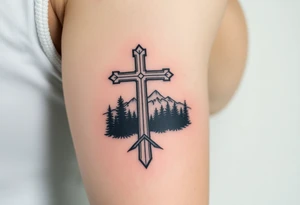 russian orthodox cross with the diagonal line at the bottom with a light forrest with a light mountainous setting tattoo idea
