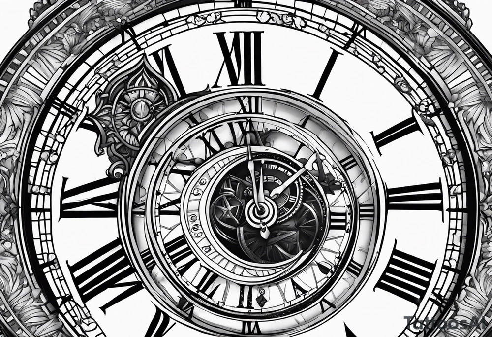 roman numeral clock pointing to the time 10:38am and make it a broken in half clock tattoo idea