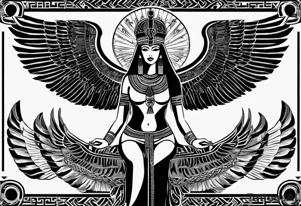 black and white Egyptian goddess Isis, who is often depicted as a woman with outstretched wings, holding an ankh (a symbol of life) in one hand and a lotus flower in the other. Her headdress often includes a throne or a solar disk. The tattoo design can vary in style and size, but it typically aims to capture the essence of this revered Egyptian deity, emphasizing her beauty, power, and maternal qualities. The choice of colors and additional elements can also be customized to create a unique and visually striking representation of the goddess Isis tattoo idea