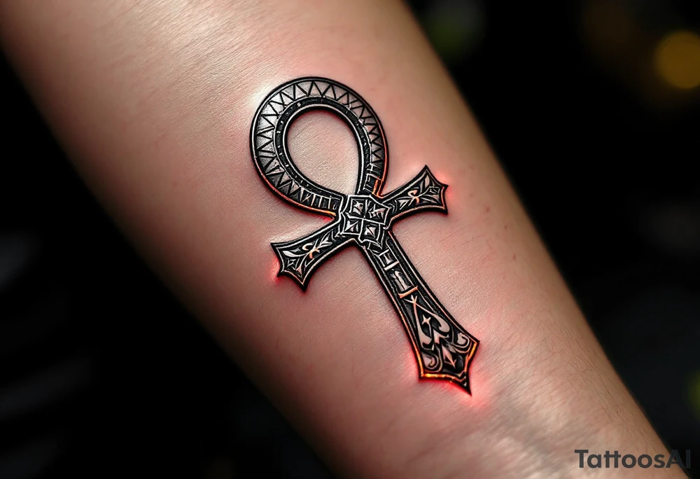 A black and silver Ankh, intricately etched with warrior motifs and a subtle red glow around the edges, wrapping around the forearm. tattoo idea