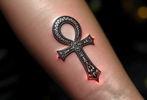 A black and silver Ankh, intricately etched with warrior motifs and a subtle red glow around the edges, wrapping around the forearm. tattoo idea