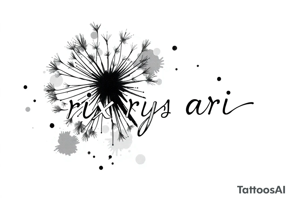 This image showcases a black-and-white watercolor-style illustration of a dandelion. The dandelion is depicted in fine detail, with its delicate seeds dispersing into the air. The artistic approach includes an ink-wash effect, where the stems appear to be dripping down like wet ink or paint, creating a dreamy and fluid aesthetic.

The background is minimalistic, with soft splatters and shading, adding to the abstract and ethereal feel. The contrast between the dark ink and the white background gives the image a striking, modern, and artistic look. It conveys themes of freedom, change, and the fleeting nature of time. Rix Rys Ari tattoo idea