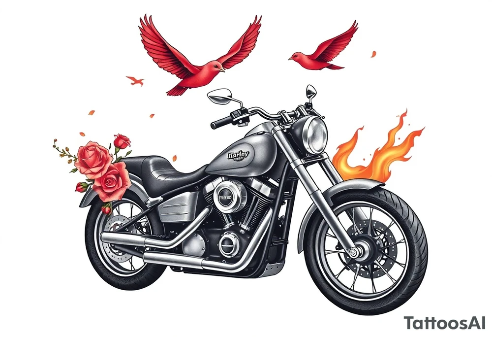 Harley grey motorcycle driving away, two red birds flying, roses, flames, angel wings tattoo idea