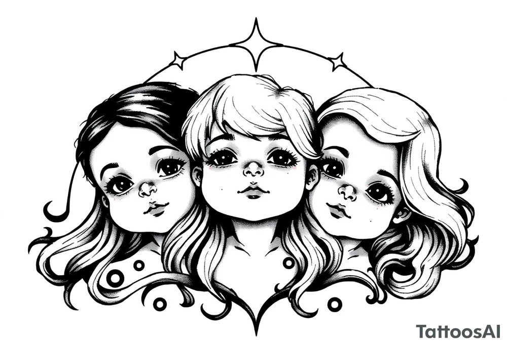 3 petites filles ( une cheveux noir et deux blondes)
sous un arc en ciel incomplet tattoo idea