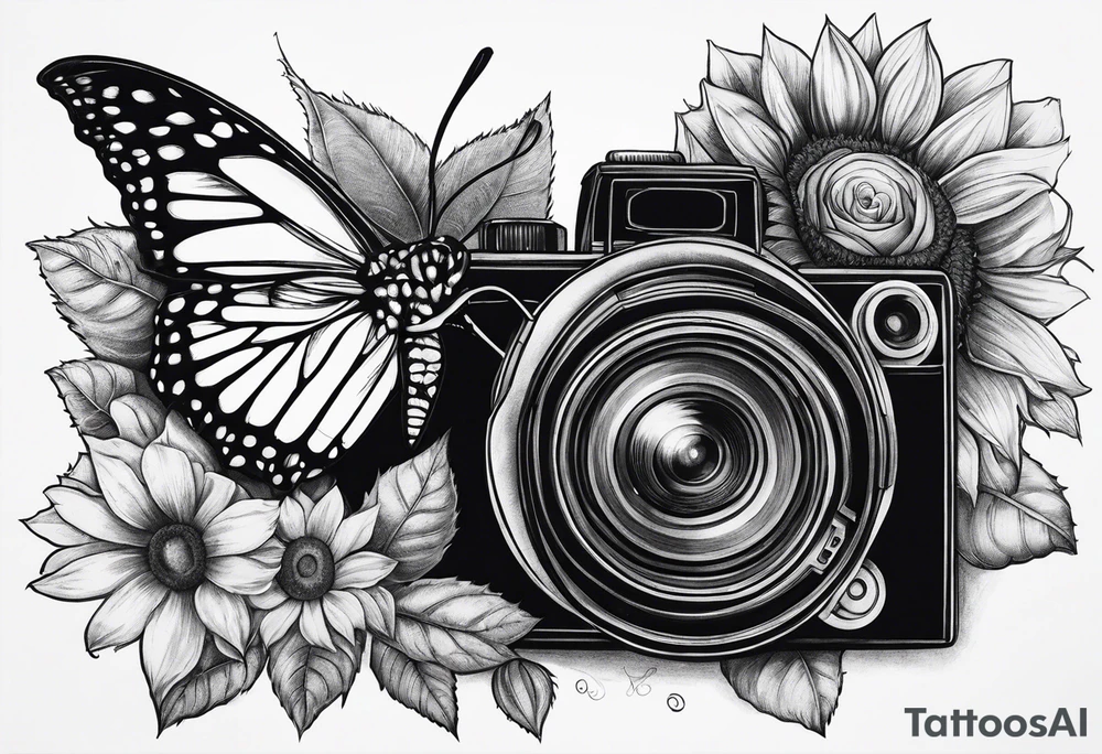 Butterfly, sunflower, camera, book, flower rose tattoo idea Butterfly, sunflower, camera, book, flower rose tattoo idea