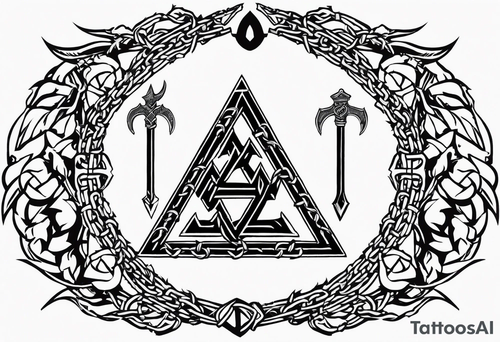 Valhalla sword shield axe barbed wire chains valknut fire dragon tattoo idea Valhalla sword shield axe barbed wire chains valknut fire dragon tattoo idea