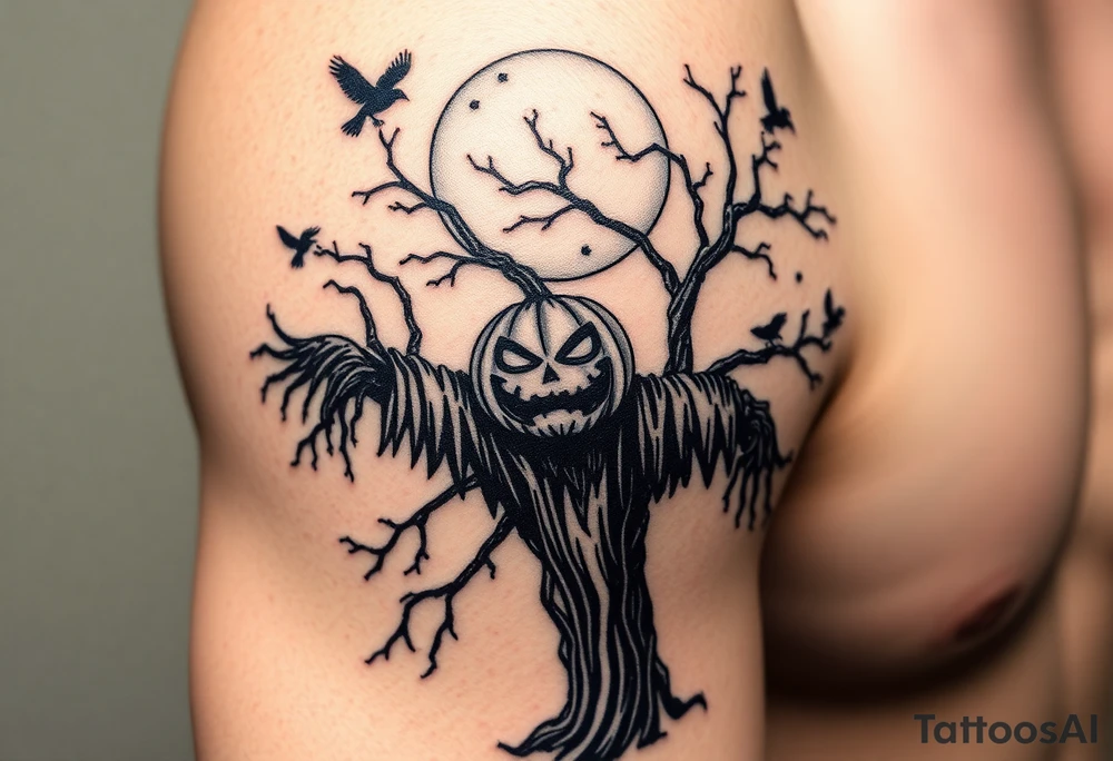 sentinel pumpkin scarecrow wicked tree with moonlight. crows flying. ornamental fade tattoo idea
