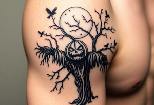 sentinel pumpkin scarecrow wicked tree with moonlight. crows flying. ornamental fade tattoo idea