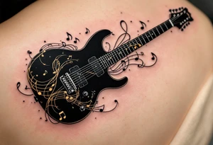 Guitar Silhouette with Music Notes – A black silhouette of an electric guitar, with flowing golden musical notes wrapping around it, symbolizing the power of music and movement. tattoo idea