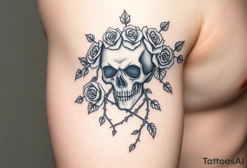 gothic skull intertwined with climbing roses and thorny vines tattoo idea