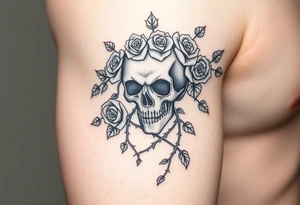 gothic skull intertwined with climbing roses and thorny vines tattoo idea