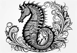 seahorse on white background, black and white, intricate Polynesian tattoo, for laser engraving tattoo idea