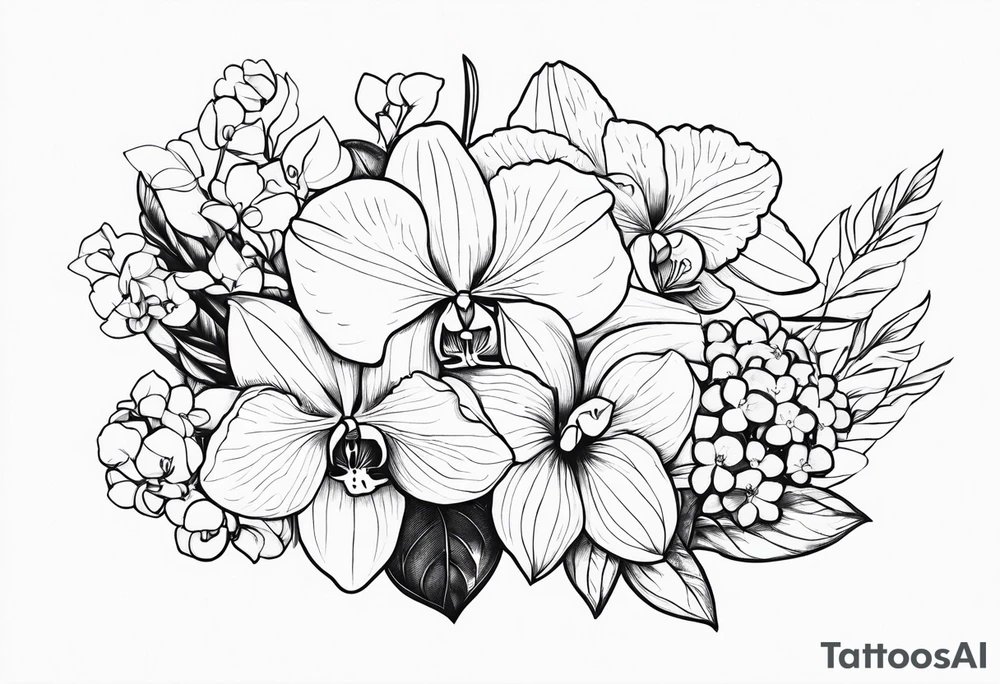 birth flower bouquet with orchid and hydrangeas tattoo idea