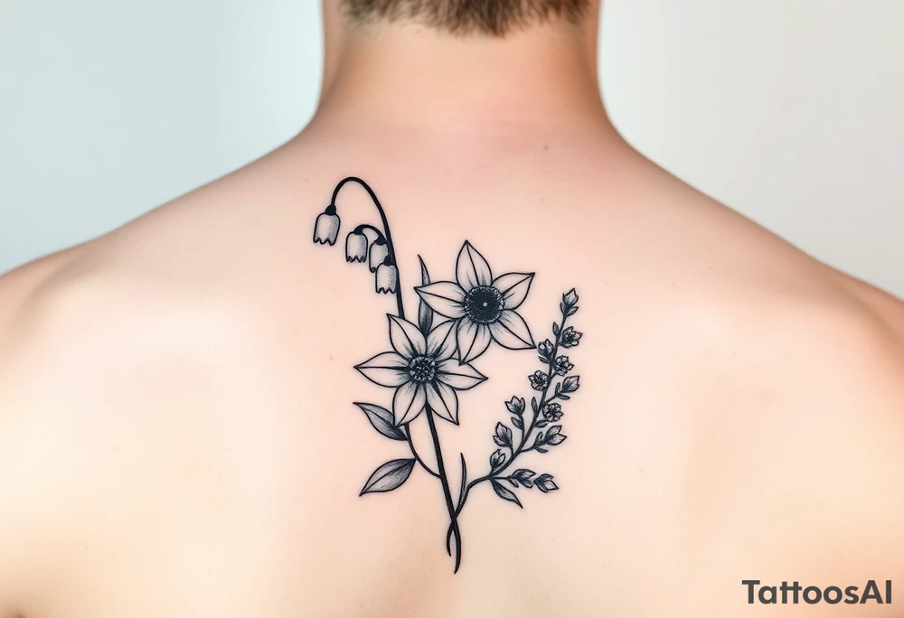 Minimalist design in black bunch of flowers 1 lily of the valley 1 daffodil 1 holly 1 larkspur tattoo idea