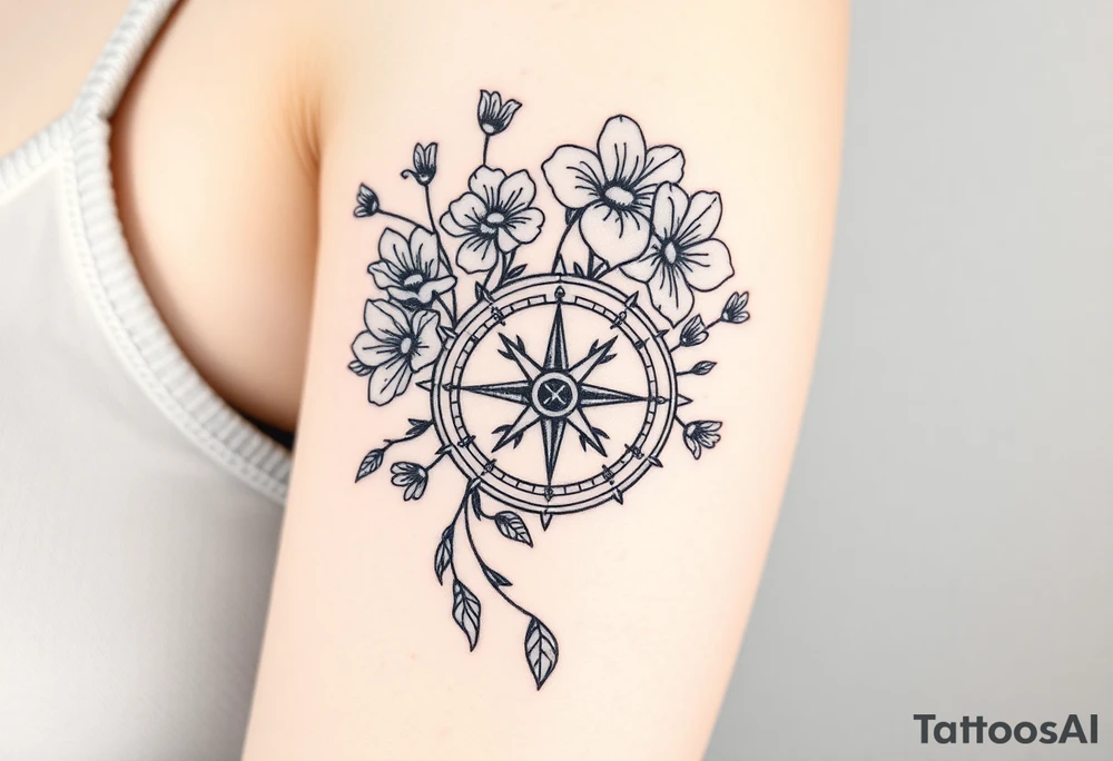 Abstract Compass with large wild flowers flowing above and below the compass tattoo idea