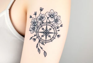 Abstract Compass with large wild flowers flowing above and below the compass tattoo idea