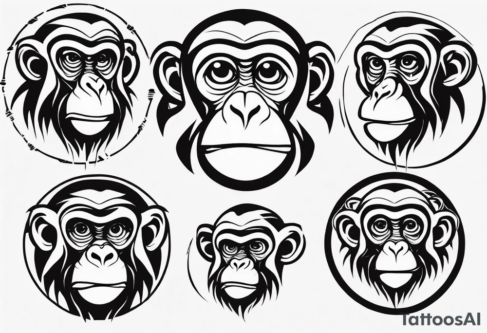 Create a tribal cartoon monkey outline in a small disconnected circle tattoo idea