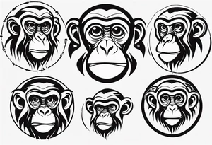 Create a tribal cartoon monkey outline in a small disconnected circle tattoo idea