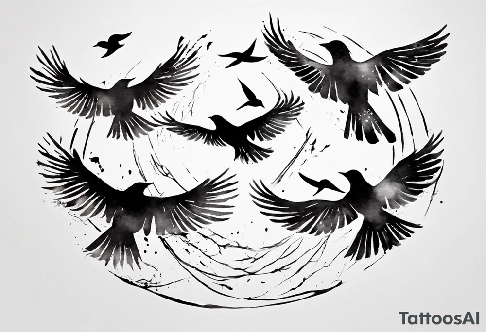 shoulder tattoo with light rays with birds flying free among the clouds, round shape, 3d effect tattoo idea