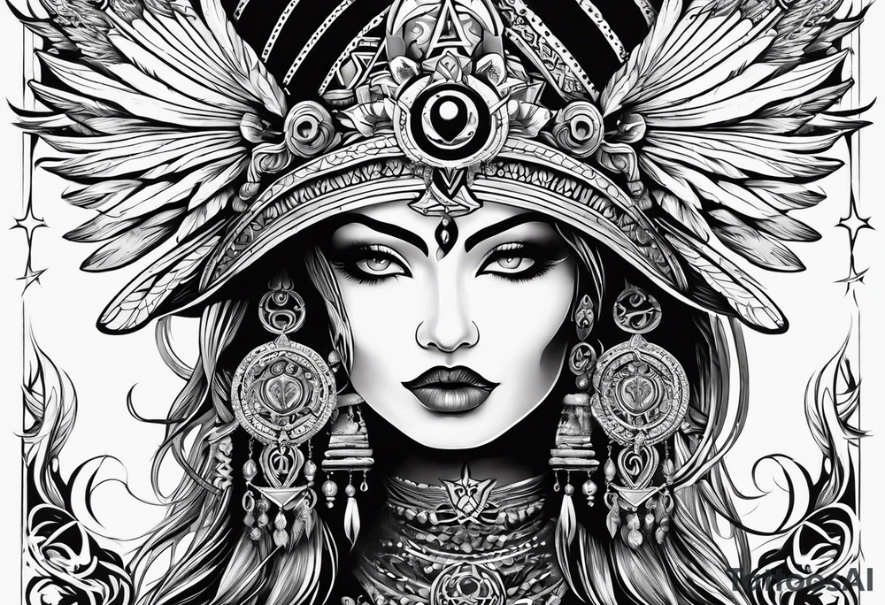 black kali, goddess pirate, alien, pachamama, valkrye, warrior, skull, lotus azul, wing, eagle, zenza resonance, stars, 5D tattoo idea