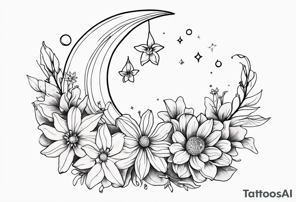 Crescent moon with daisy's, lily’s, crystals, and mushrooms tattoo idea