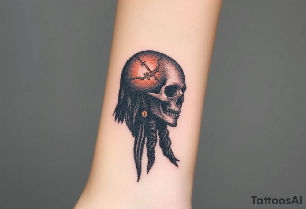 A side-profile portrait of Jack Sparrow with a shadowy skull in the background, symbolizing his connection to death and the supernatural, shaded in grayscale with faint red and gold highlights tattoo idea