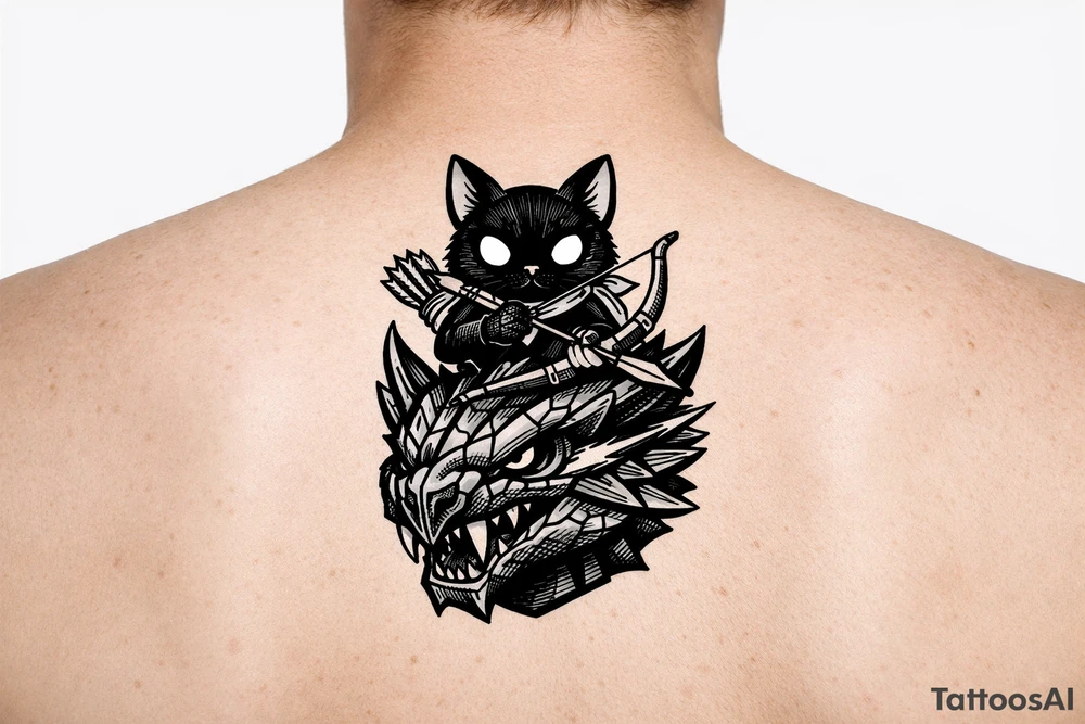 A vertical illustrative tattoo design, 2D vector style. A cute black Palico feline cat with realistic cat ears, and large glowing solid eyes is riding on the back of a Nargacuga dragon. The camera is zoomed in tight as a close-up portrait, showing only the full cat on top and the dragon's head and neck directly below it, acting as a compact pedestal base. The cat is holding a wooden hunter's bow and arrow. The dragon has sleek, smooth, interlocking reptilian wyvern scales, sharp fangs, and a glowing red streak trailing backward from its eye. Thick clean black outlines, clear spacing, solid white background, zero feathery textures, no 3D shading, stencil ready. tattoo idea