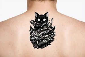 A vertical illustrative tattoo design, 2D vector style. A cute black Palico feline cat with realistic cat ears, and large glowing solid eyes is riding on the back of a Nargacuga dragon. The camera is zoomed in tight as a close-up portrait, showing only the full cat on top and the dragon's head and neck directly below it, acting as a compact pedestal base. The cat is holding a wooden hunter's bow and arrow. The dragon has sleek, smooth, interlocking reptilian wyvern scales, sharp fangs, and a glowing red streak trailing backward from its eye. Thick clean black outlines, clear spacing, solid white background, zero feathery textures, no 3D shading, stencil ready. tattoo idea