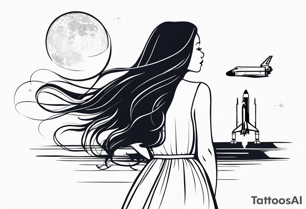 young girl in dress with long hair blowing in the wind watching a space shuttle launch in the distance, all nested within 4 octagons tattoo idea