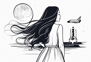 young girl in dress with long hair blowing in the wind watching a space shuttle launch in the distance, all nested within 4 octagons tattoo idea