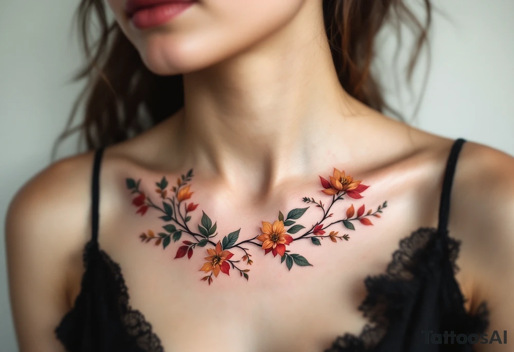 Two separate collarbone tattoos of long, stems and branches covered with red, orange, yellow and dark forest green leaves and flowers, fall themed, muted, delicate and gentle but moody, long and thin, following the collarbone. More muted, not so bright, darker colors tattoo idea