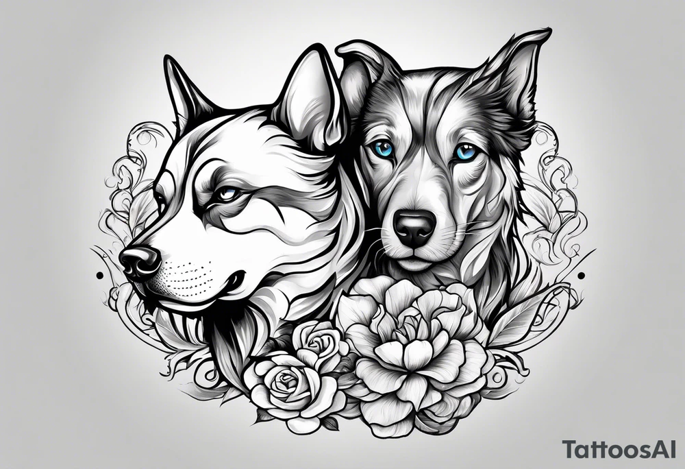 A cat and dog that love each other but are fighting tattoo idea