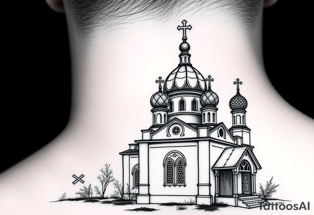 Russian orthodox church with bulb domes with a prominent russian orthodox style virgin mary stood outside to the left tattoo idea
