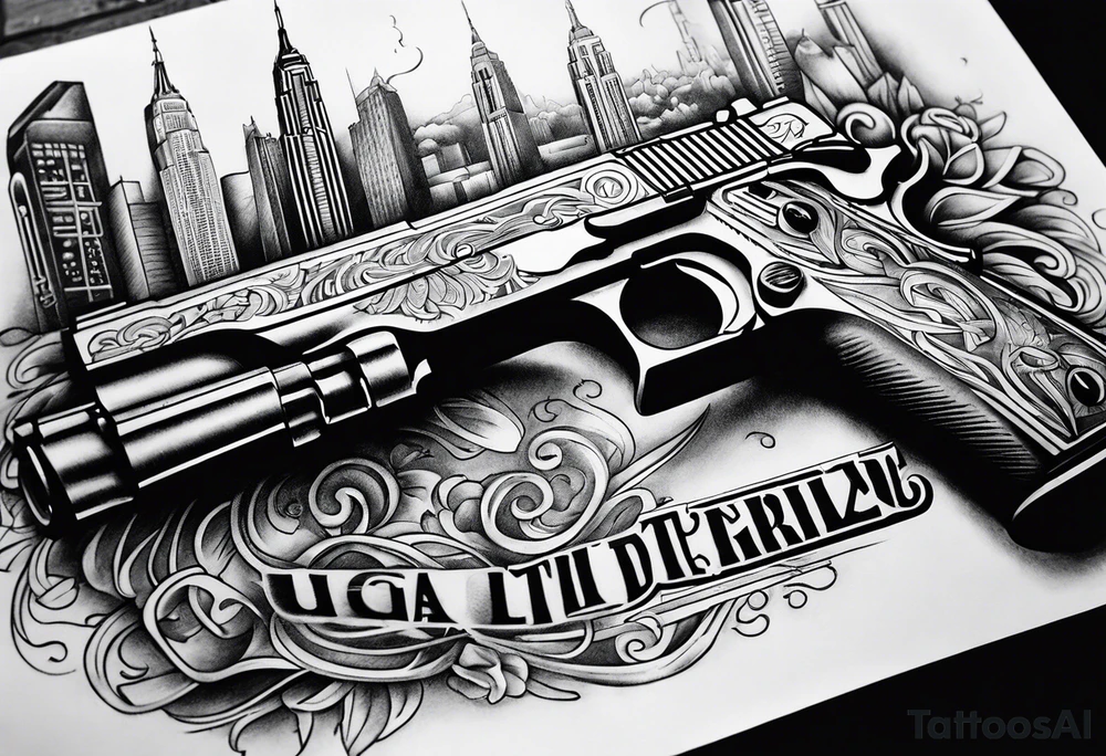 Chicano style 
city gangster guns tattoo idea