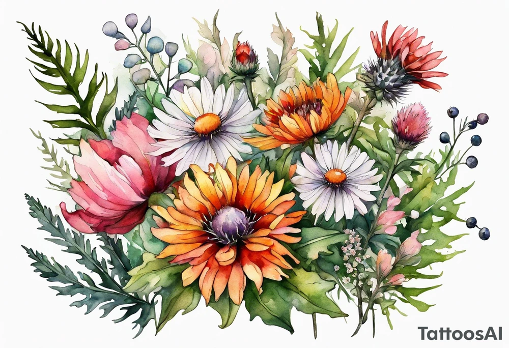 wildflowers with thistles, ferns, burnt orange flower, white flowers, pink flowers, red flowers and yellow flowers all in watercolor tattoo idea