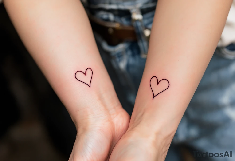 A minimalist red heart split between two wrists, forming a whole when held togethe tattoo idea