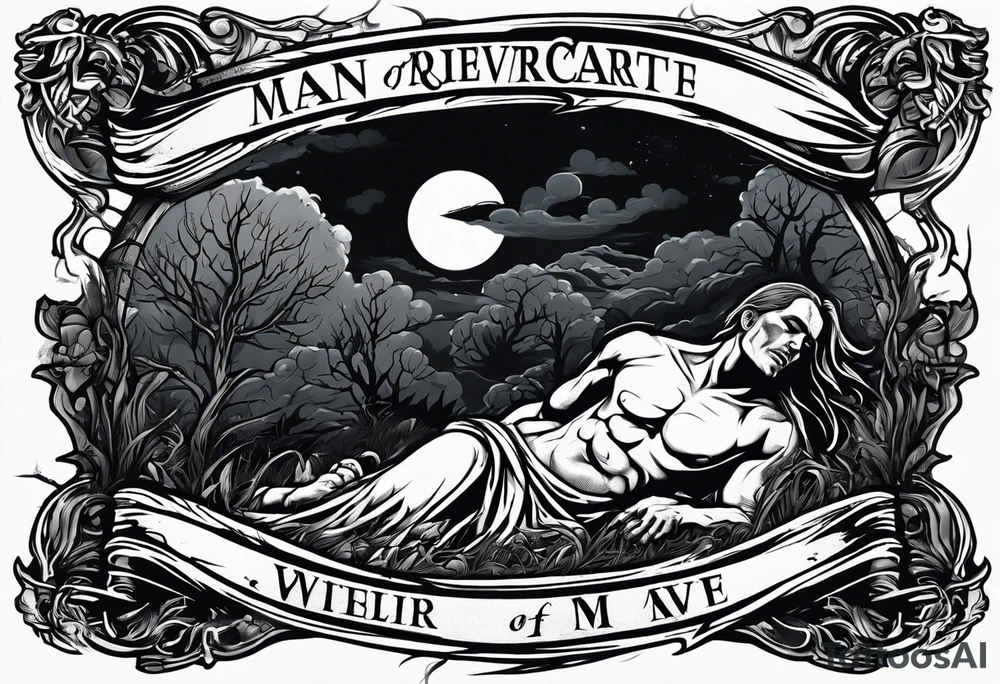Man crawling out of grave. 
MIW Reincarnate written on gravestone tattoo idea