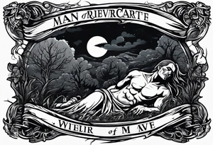 Man crawling out of grave. 
MIW Reincarnate written on gravestone tattoo idea