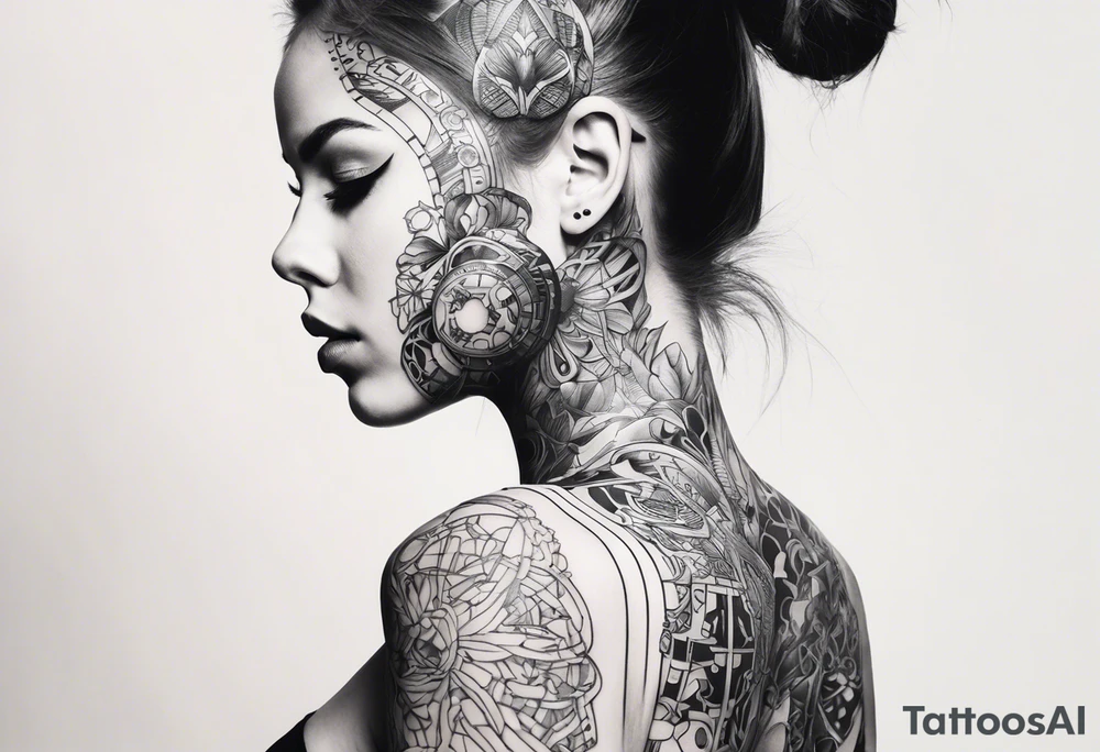 cyborg girl with human torso and face mask partly removed showing metal skeleton underneath tattoo idea