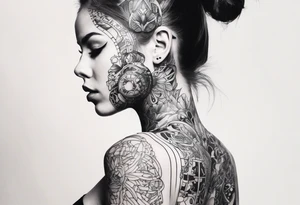 cyborg girl with human torso and face mask partly removed showing metal skeleton underneath tattoo idea