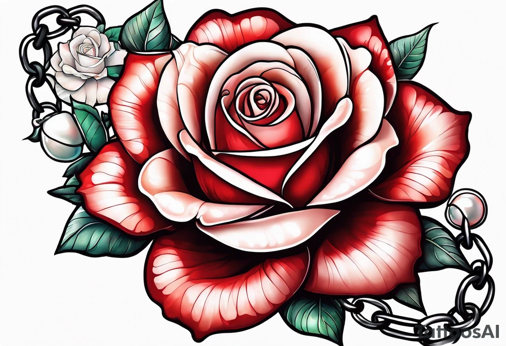 Red rose with a chain made of pearls and seashell tattoo idea