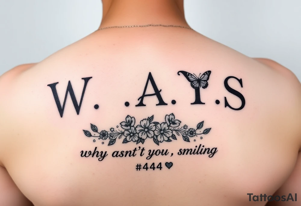 W.A.Y.S spelled out with why aren’t you smiling under neath it with flowers, butterflies and hearts with 444 tattoo idea