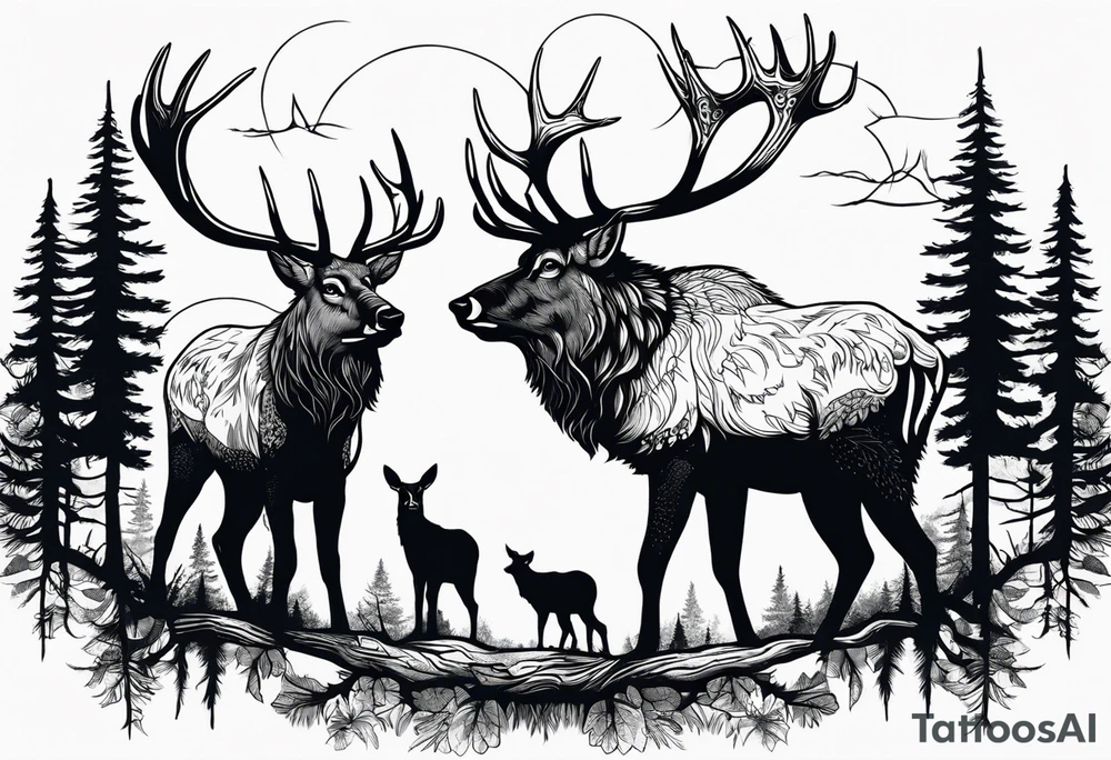Make a tattoo of two norwegian elkounds standing in a forest. Make it a nordic themed tattoo tattoo idea