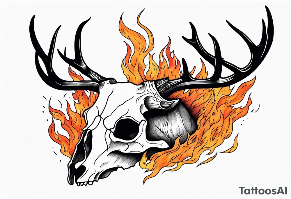 side profile of a DECAYING deer skull JUST BONE surrounded by a flames and trees tattoo idea