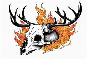 side profile of a DECAYING deer skull JUST BONE surrounded by a flames and trees tattoo idea