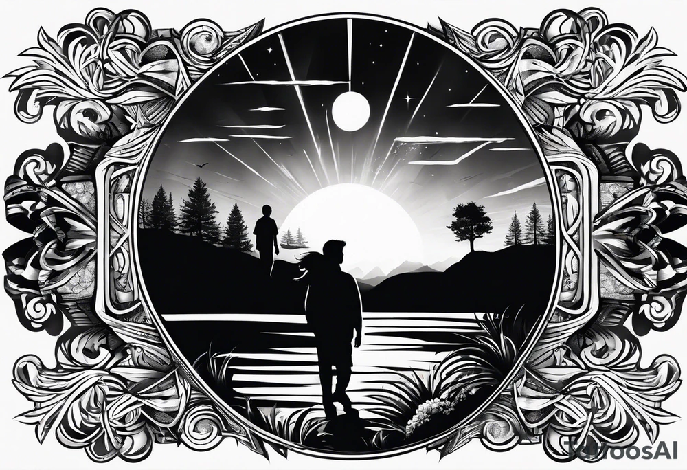 sleeve tattoo sun rays with windy road and dad, daughter and son silhouette tattoo idea