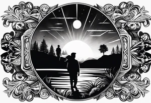 sleeve tattoo sun rays with windy road and dad, daughter and son silhouette tattoo idea