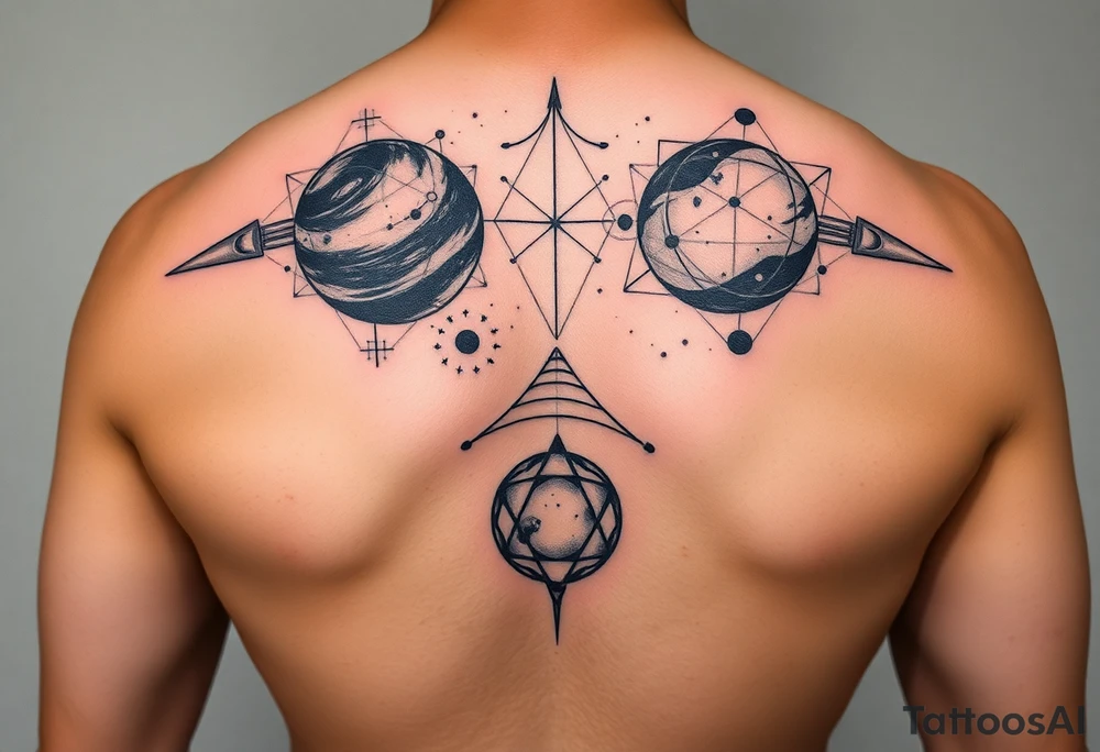 arm sleeve, outer space, planets, geometric patterns, string theory tattoo idea
